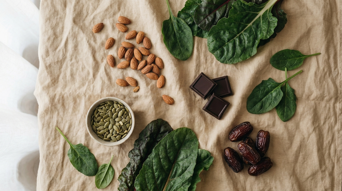 A flat lay of magnesium-rich whole foods — almonds, pumpkin seeds, greens and dates — on linen.
