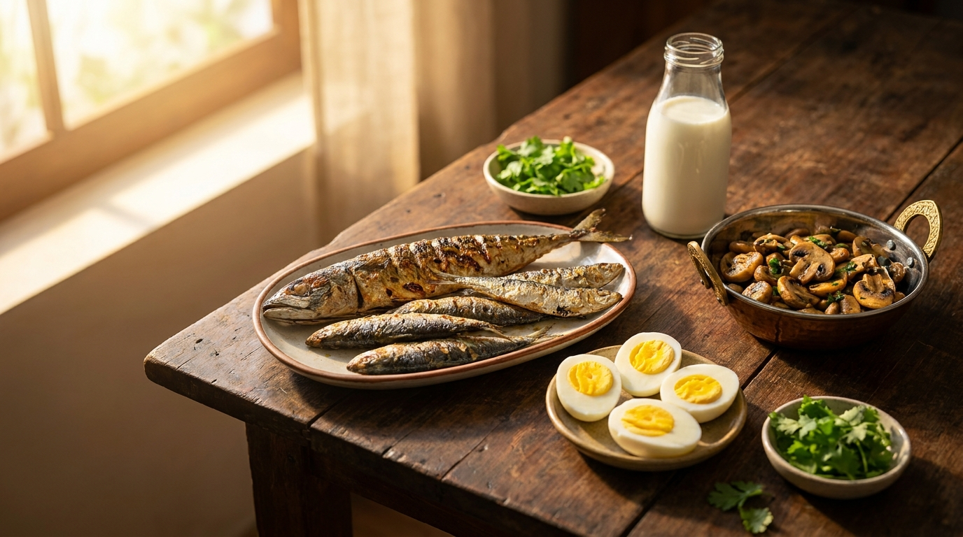A sunlit spread of vitamin D-rich Indian foods including fish, eggs, mushrooms and milk