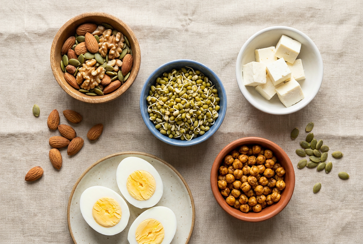 Overhead flat lay of high-protein whole foods including nuts, seeds, sprouted moong dal, paneer and roasted chickpeas on linen