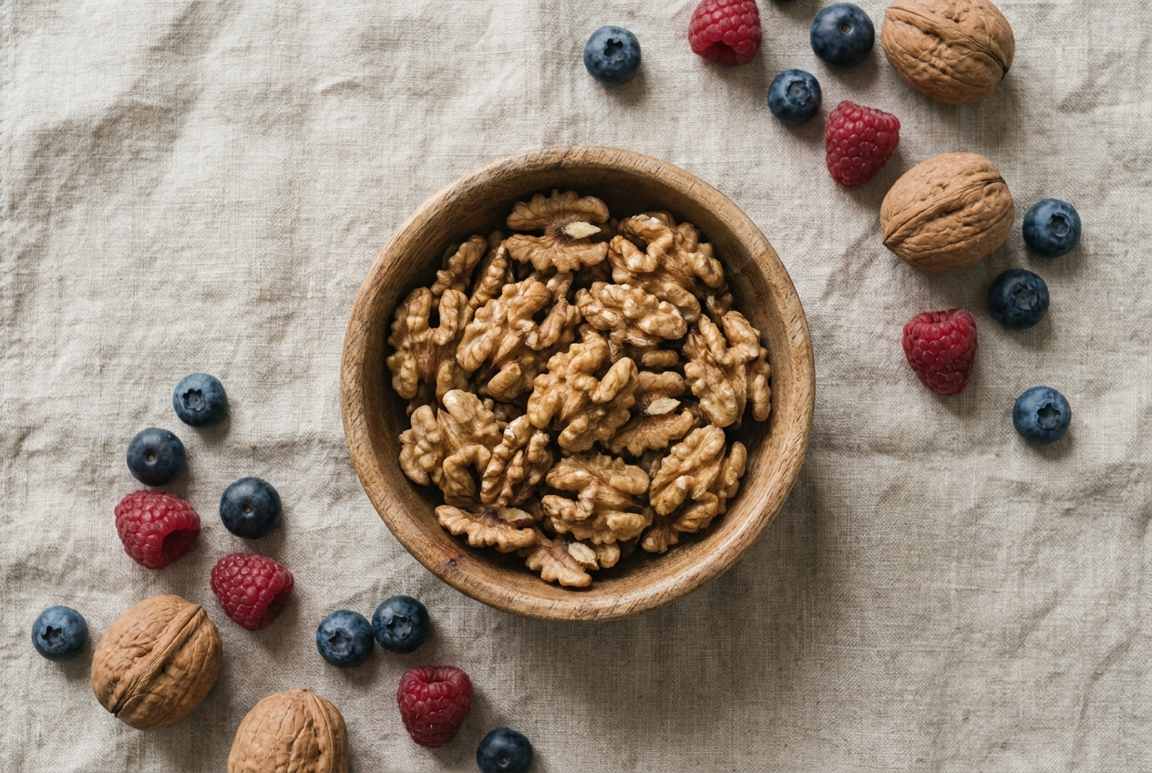 Overhead flat lay of fresh walnuts, blueberries, and raspberries on natural linen