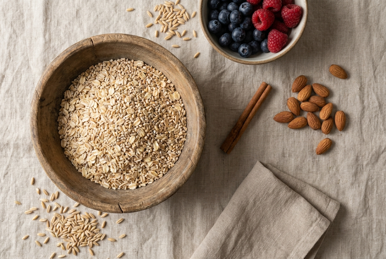 Overhead flat lay of steel-cut oats, berries, almonds, and cinnamon on linen, representing foods that help control blood sugar in diabetes