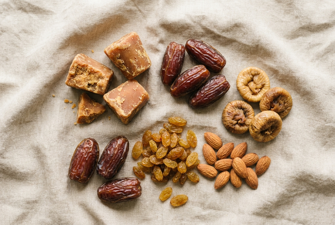 Overhead flat lay of natural sweeteners including jaggery, dates, figs, and raisins on linen cloth