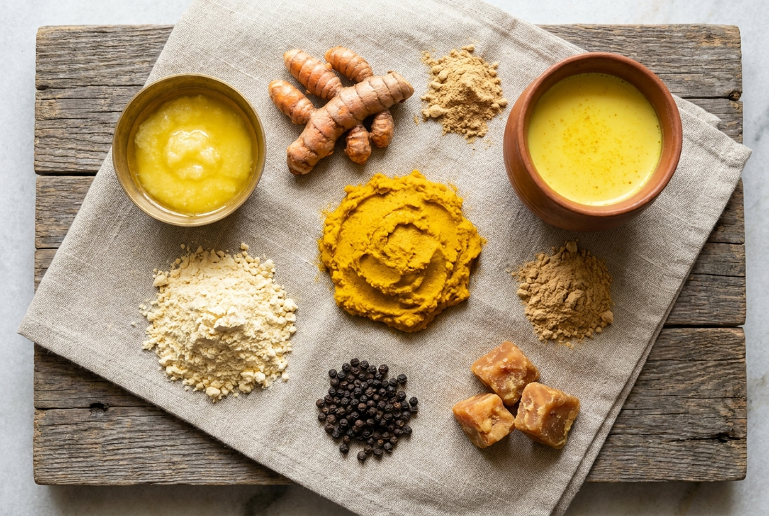 Overhead flat lay of turmeric halwa ingredients including turmeric root, ghee, black pepper, jaggery, and warm turmeric milk on a linen cloth