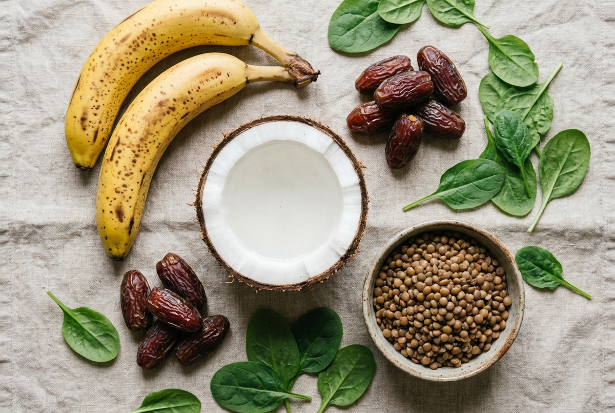 Overhead flat lay of potassium-rich foods including bananas, coconut, dates, spinach, and lentils on a linen cloth