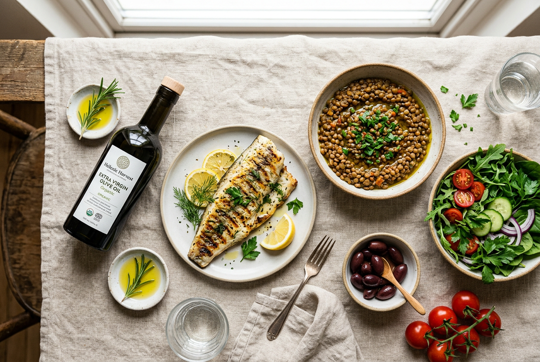 Overhead flat lay of Mediterranean foods including olive oil, fish, lentils, leafy greens, olives, and tomatoes on linen cloth