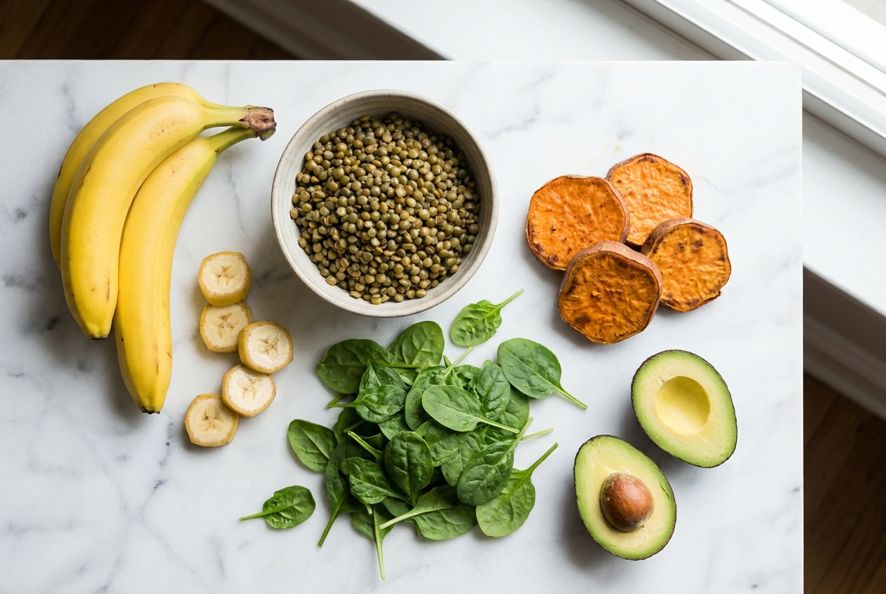 Overhead flat lay of potassium-rich foods including bananas, lentils, spinach, sweet potato, and avocado on white marble