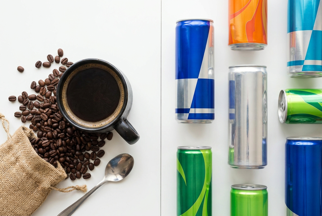 Overhead flat lay contrasting a black coffee cup with coffee beans on one side and metallic energy drink cans on the other