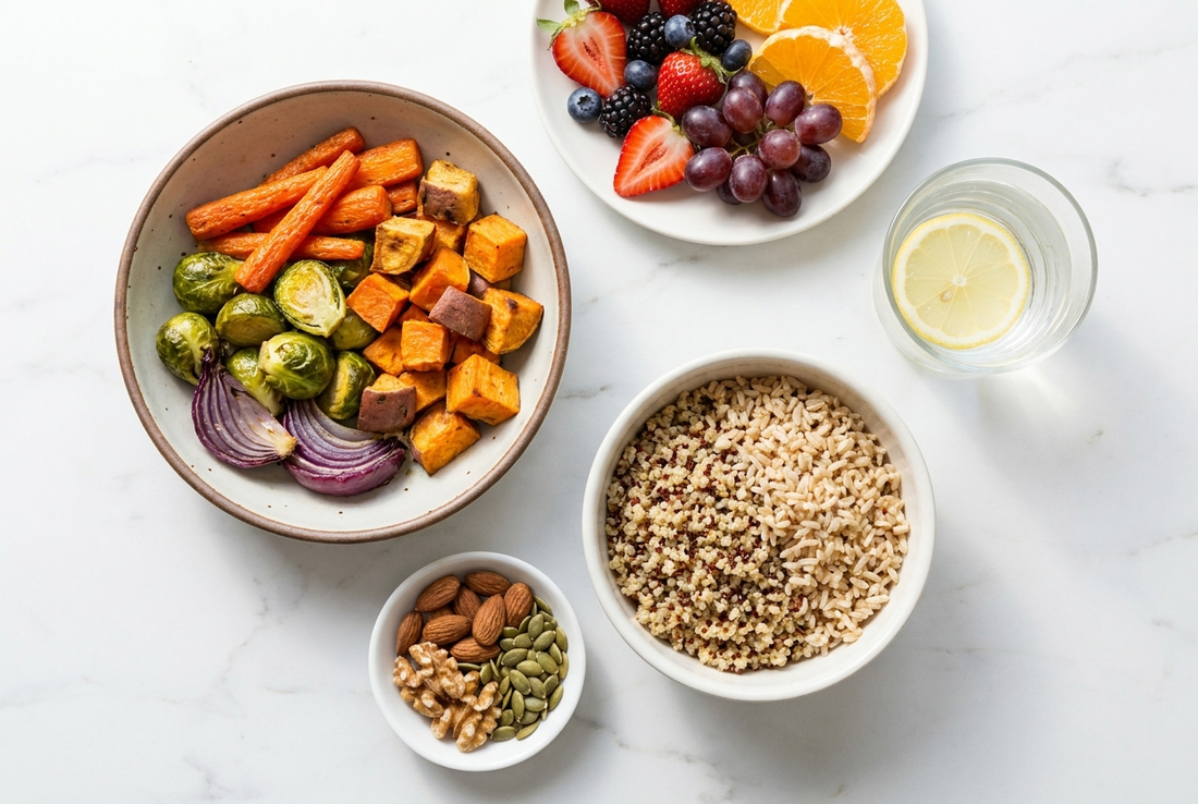 Overhead flat lay of a balanced meal with roasted vegetables, whole grains, nuts, and fresh fruit representing a healthy intermittent fasting eating window