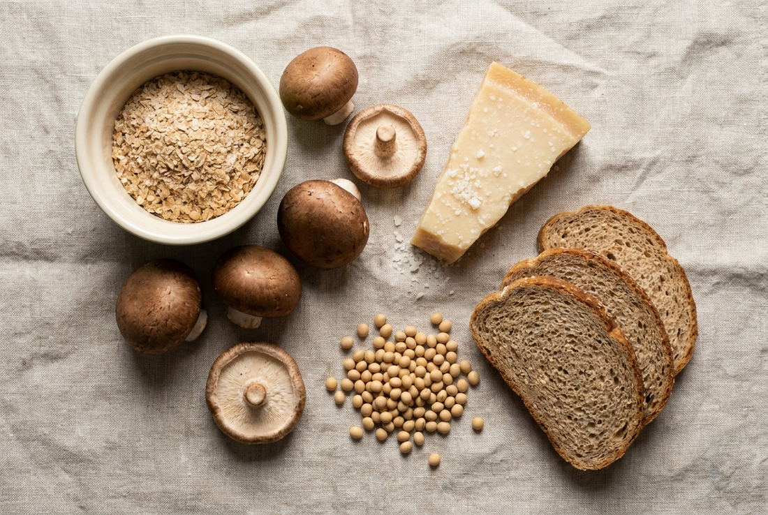 Overhead flat lay of spermidine-rich foods including wheat germ, mushrooms, aged parmesan cheese, soybeans, and whole grain bread on linen