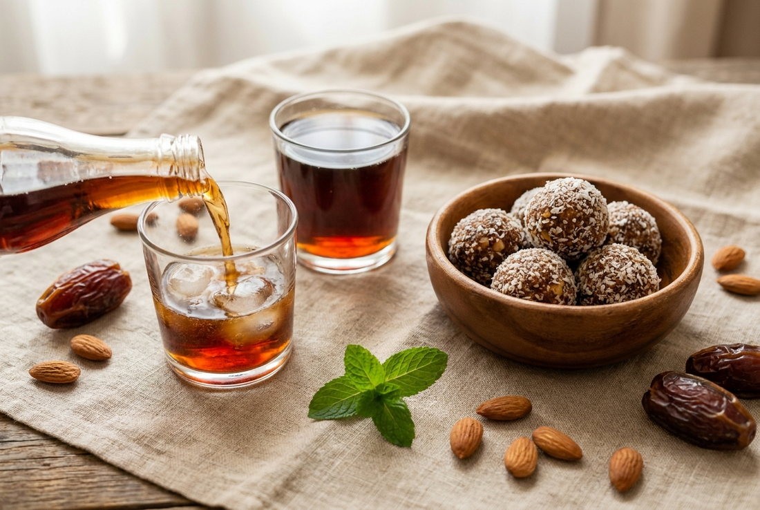 Overhead flat lay of a diet soda beside a bowl of natural date and nut ladoo, representing naturally sweetened alternatives to artificial sweeteners