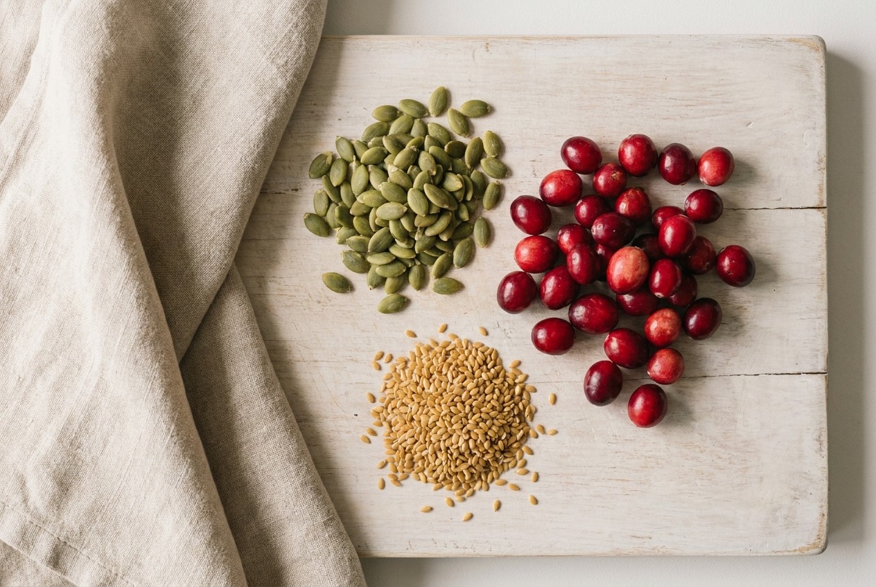 Overhead flat lay of whole pumpkin seeds, fresh cranberries, and golden flaxseeds on a wooden board