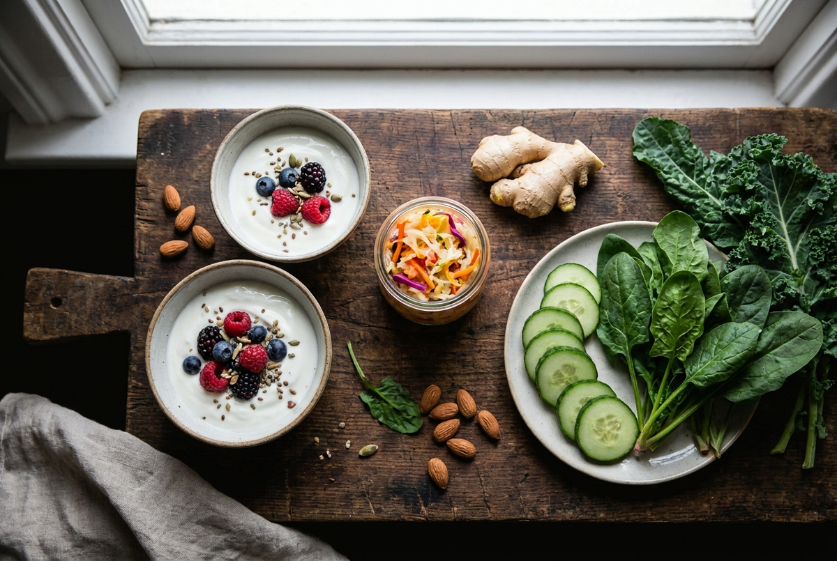 Overhead flat lay of gut-health foods including yogurt, fermented vegetables, cucumber, and ginger on a dark wooden board
