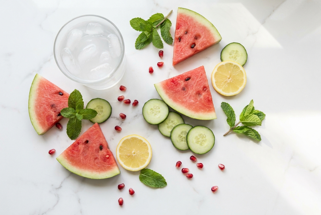 Overhead flat lay of cooling and hydrating foods including coconut water, watermelon, cucumber, mint, and lemon on white marble