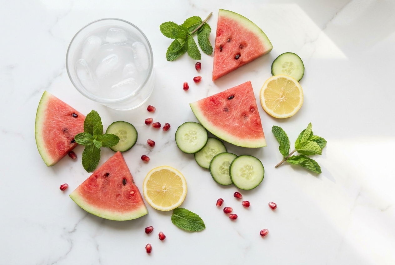 Overhead flat lay of cooling and hydrating foods including coconut water, watermelon, cucumber, mint, and lemon on white marble