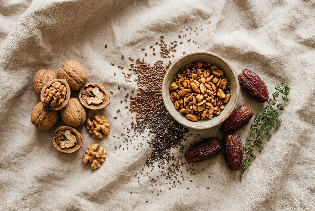 Overhead flat lay of walnuts, flaxseeds, chia seeds and a nut-seed wellness mix on linen, representing whole-food omega-3 sources