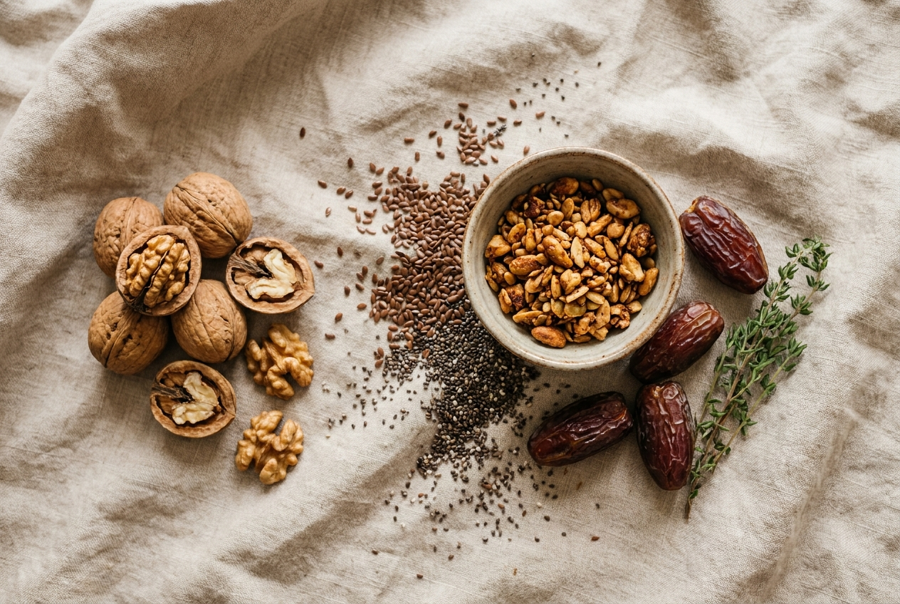 Overhead flat lay of walnuts, flaxseeds, chia seeds and a nut-seed wellness mix on linen, representing whole-food omega-3 sources
