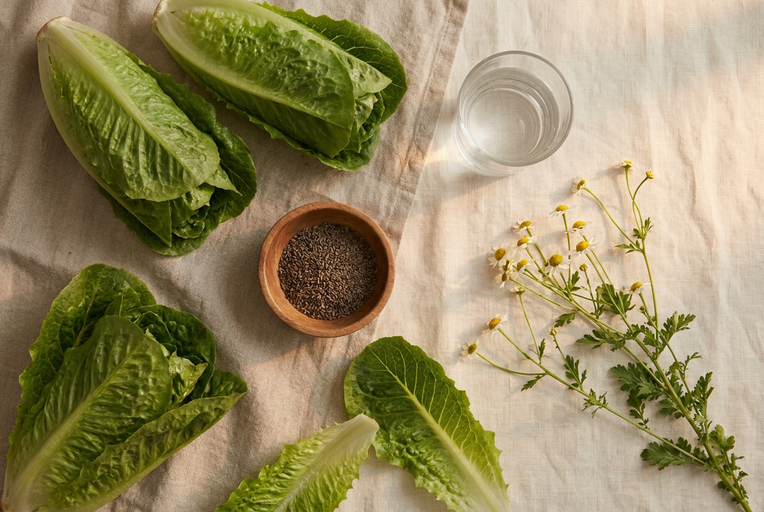 Overhead flat lay of fresh romaine lettuce heads, loose leaves, and lettuce seeds on a linen cloth in soft evening light, a natural sleep remedy