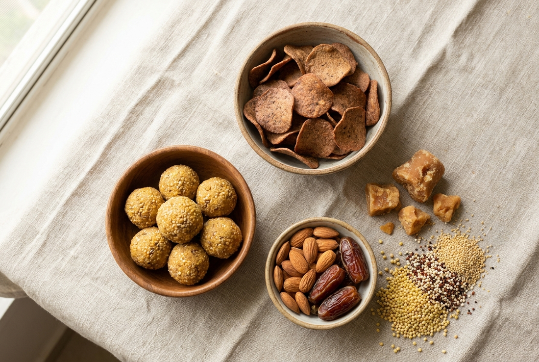 Overhead flat lay of wholesome Indian snacks including multigrain ladoos, baked ragi chips, almonds, dates, and jaggery on a linen cloth