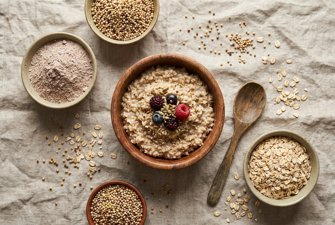 Overhead flat lay of steel-cut oats, ragi flour, and mixed whole millet grains in bowls on a linen cloth