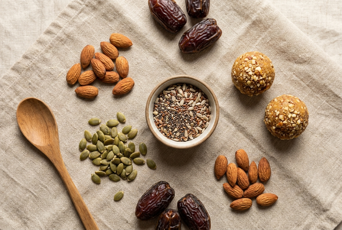 Overhead flat lay of nutrient-dense whole foods including roasted almonds, pumpkin seeds, medjool dates, and homemade ladoos on a linen cloth