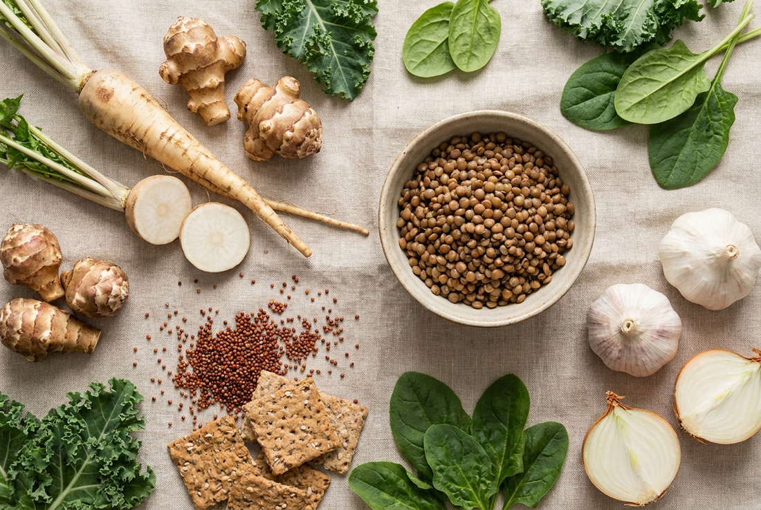 Overhead flat lay of fiber-rich foods including chicory root, Jerusalem artichokes, lentils, and finger millet on a linen cloth