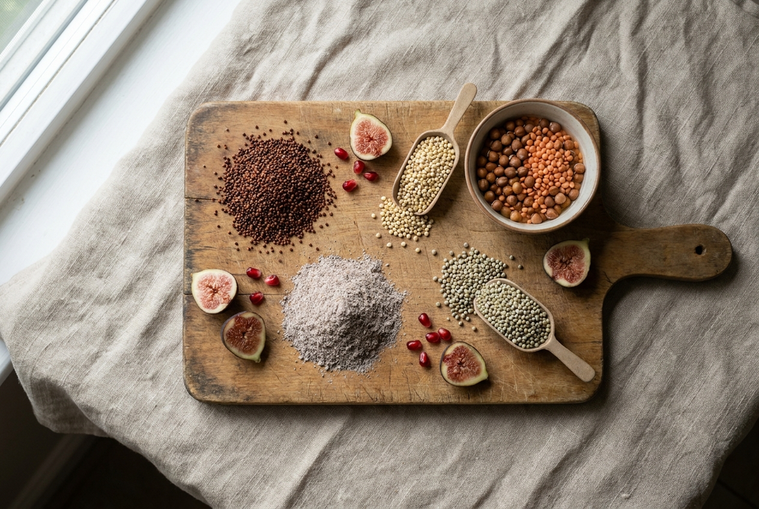 Overhead flat lay of traditional Indian low-glycemic grains and foods including finger millet ragi, jowar, bajra, lentils, chickpeas, figs, and pomegranate seeds on a wooden board