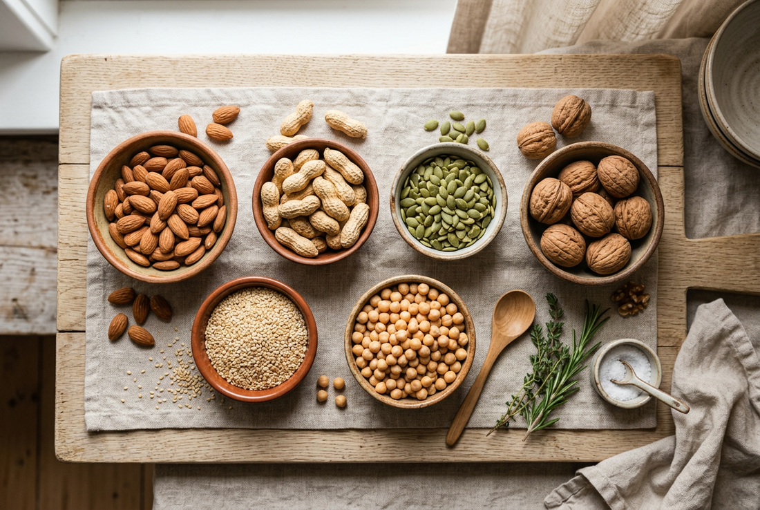 Overhead flat lay of arginine-rich immune-supporting foods including almonds, peanuts, pumpkin seeds, walnuts, sesame seeds, and chickpeas on a linen cloth