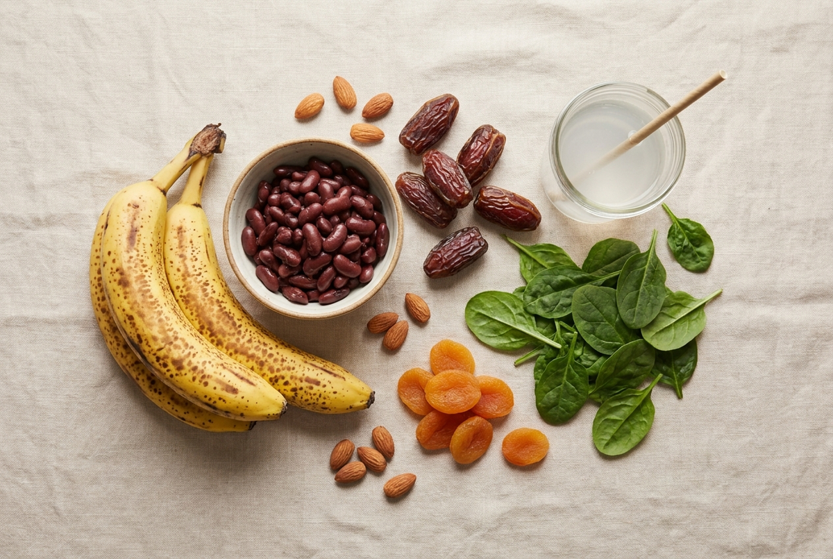 Overhead flat lay of potassium-rich foods including bananas, dates, spinach, coconut water, dried apricots, and kidney beans on a linen cloth