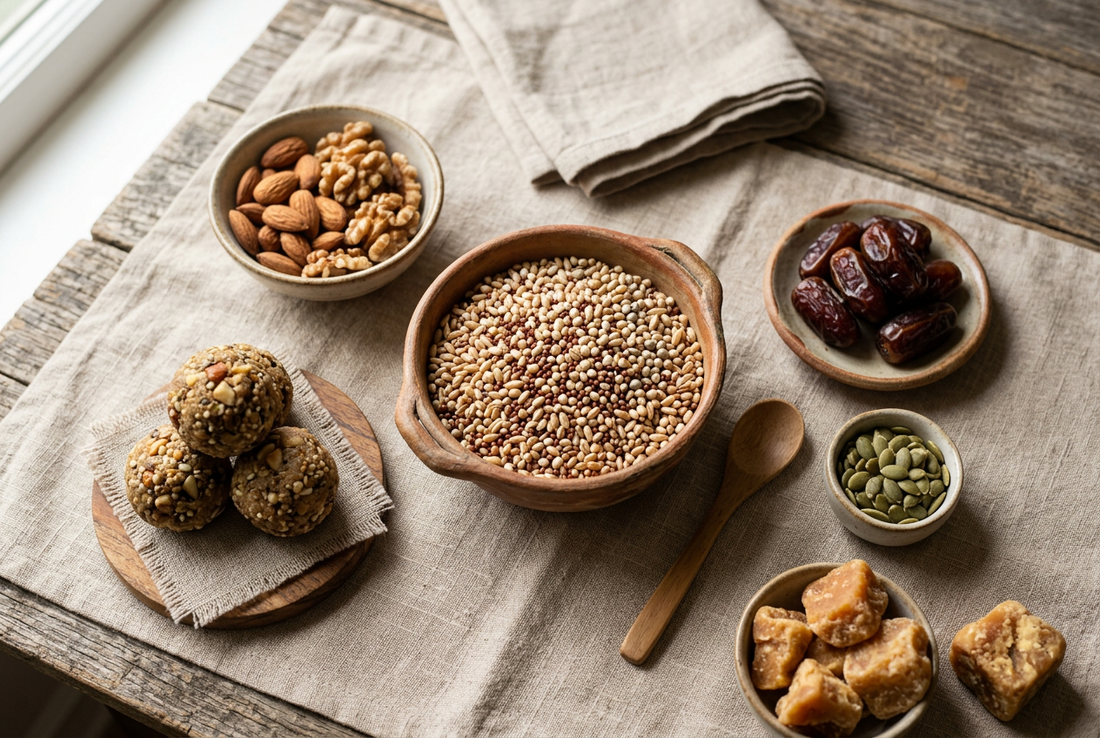 Overhead flat lay of traditional Indian whole grains, roasted nuts, dates, jaggery, and multigrain ladoos arranged on linen, representing food-first nutrition for healthy aging