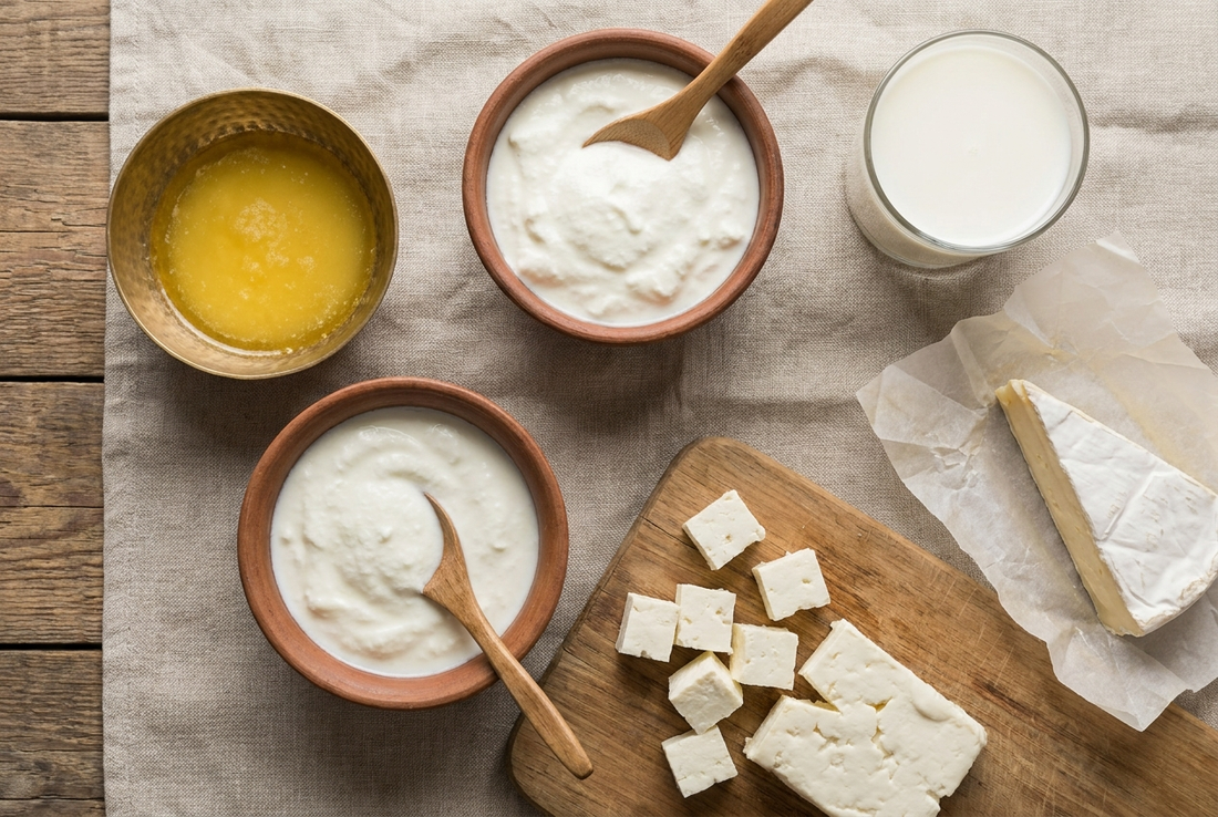 Overhead flat lay of full-fat dairy foods including ghee, curd, paneer, milk, and cheese on a linen cloth