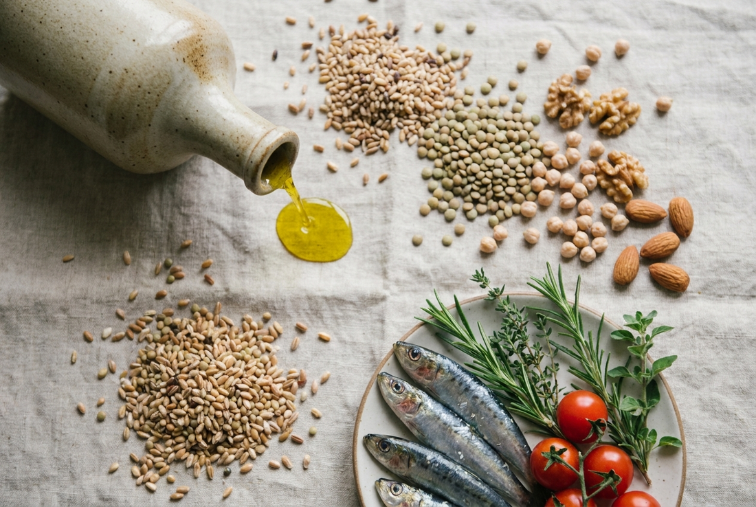 Overhead flat lay of olive oil, whole grains, legumes, fish, and nuts on a linen cloth representing a Mediterranean diet
