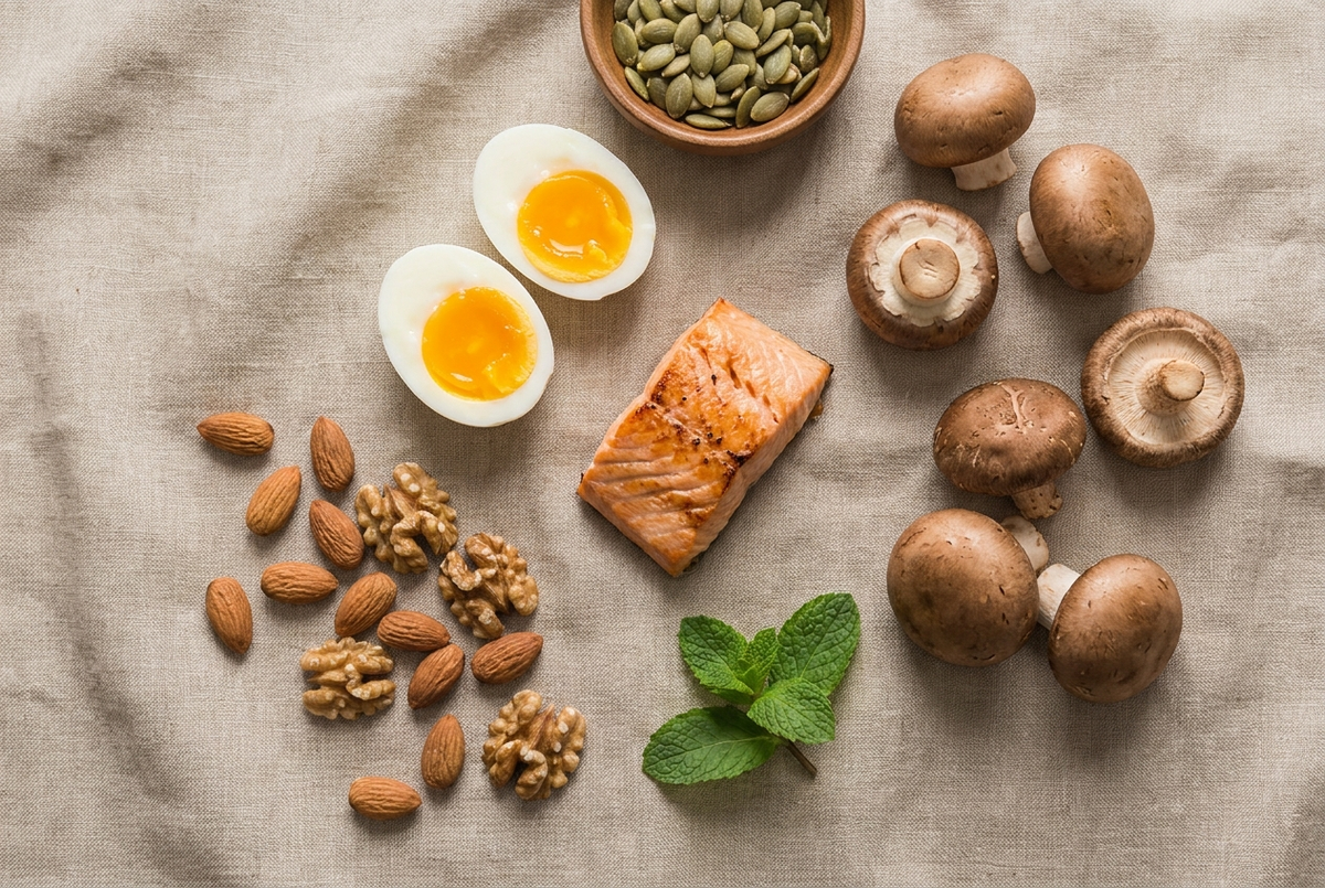 Overhead flat lay of vitamin D and healthy fat rich foods including halved eggs, salmon, almonds, walnuts, mushrooms and pumpkin seeds on a linen cloth