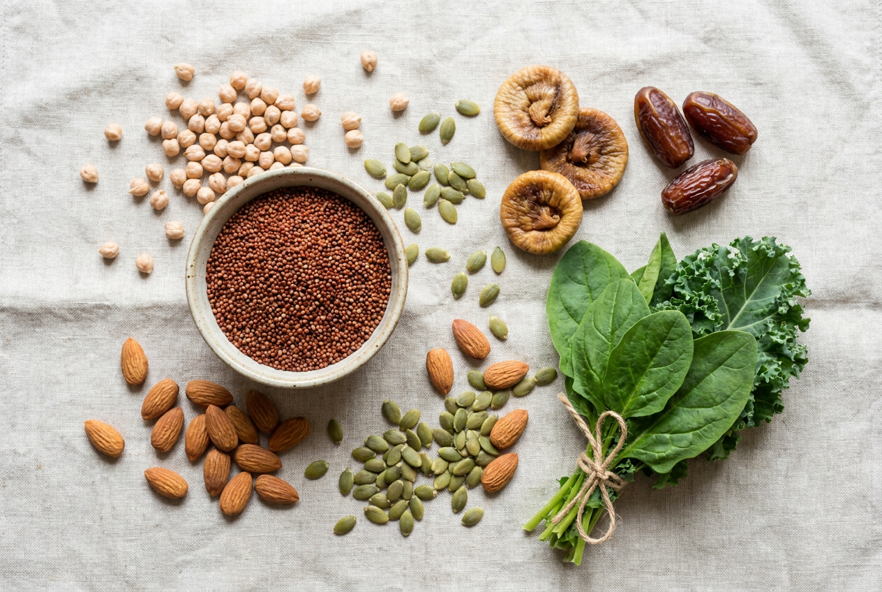 Overhead flat lay of high-fiber whole foods including ragi millet, chickpeas, almonds, pumpkin seeds, dried figs and dates on natural linen