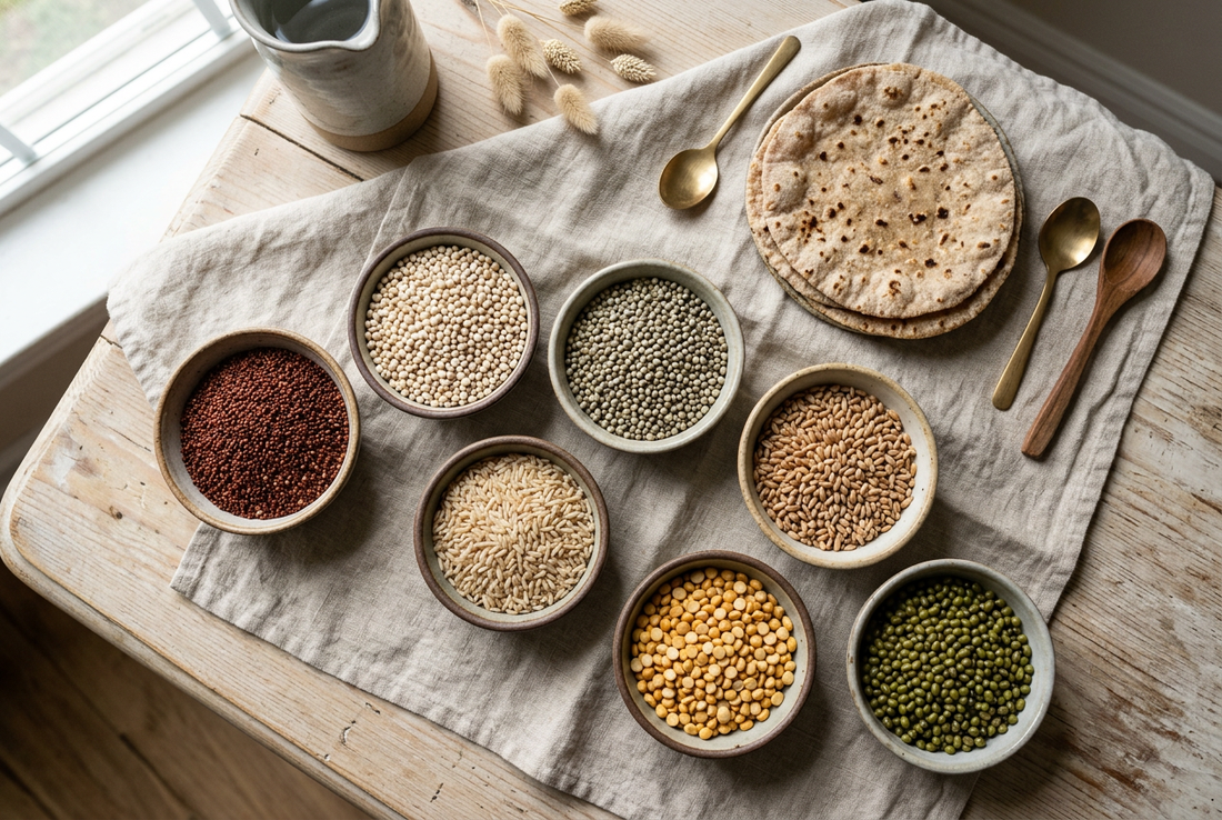 Overhead flat lay of whole Indian grains including ragi, jowar, bajra, brown rice and whole wheat with soaked chana and moong dal on natural linen