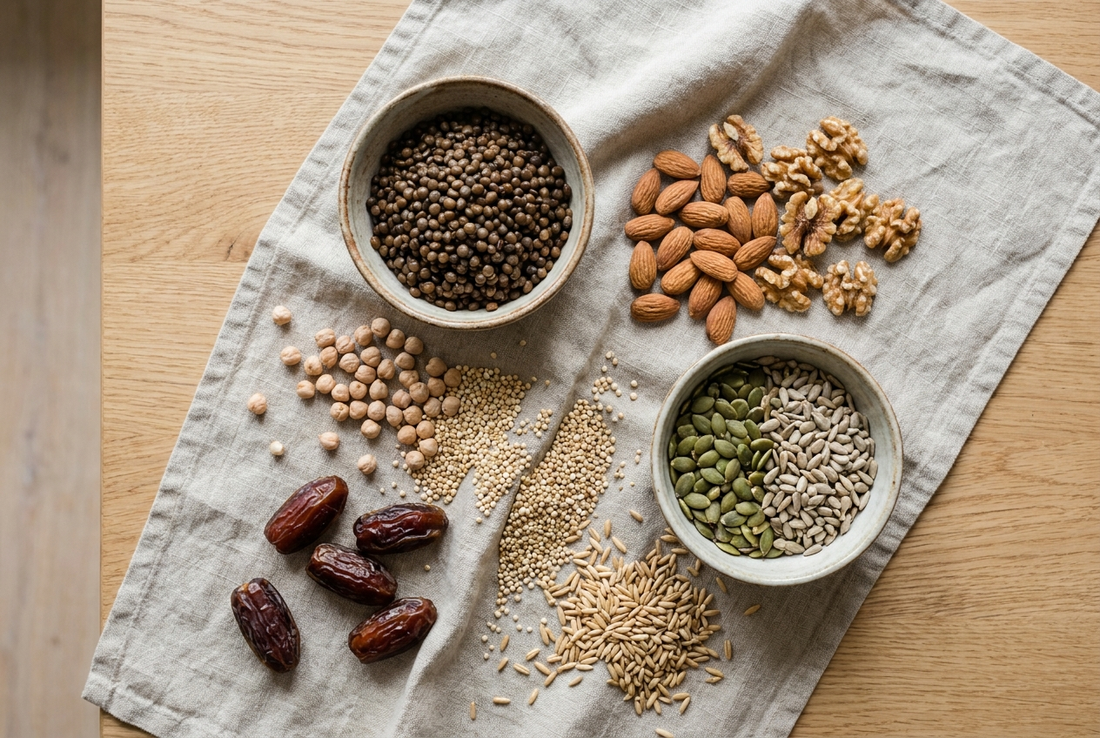 Overhead flat lay of plant-based protein foods including lentils, almonds, walnuts, pumpkin seeds, chickpeas, and dates on a linen cloth