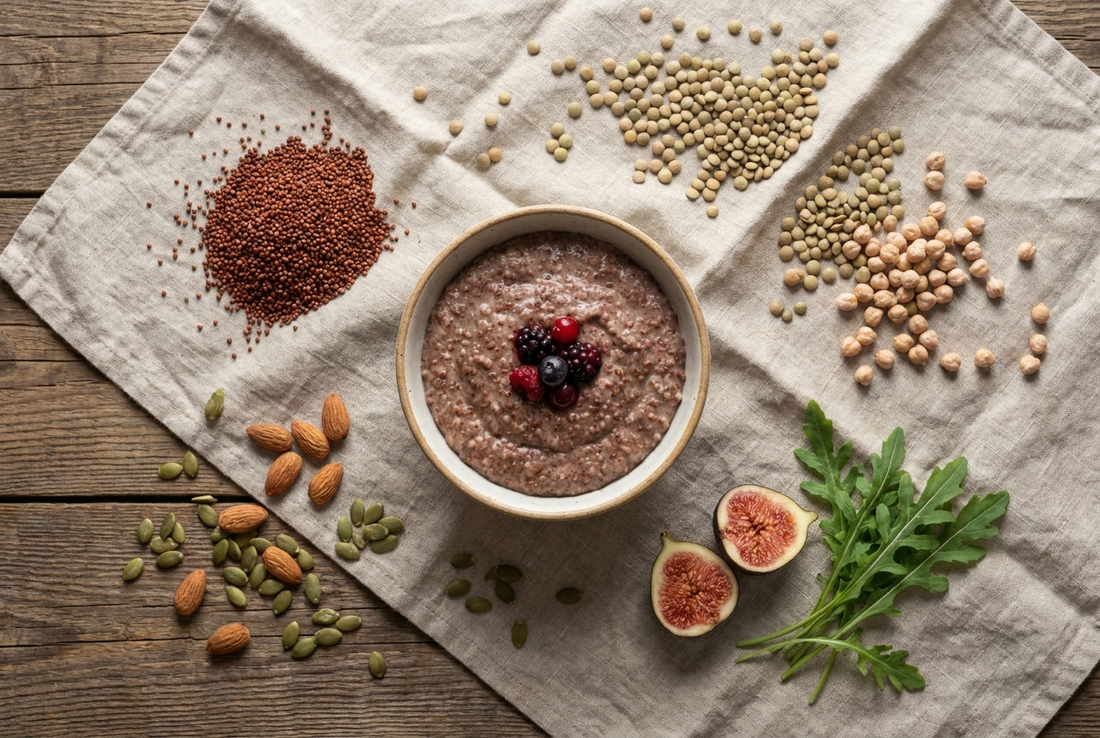 Overhead flat lay of high-fiber whole foods including ragi millet, lentils, chickpeas, almonds, pumpkin seeds and figs on a linen cloth