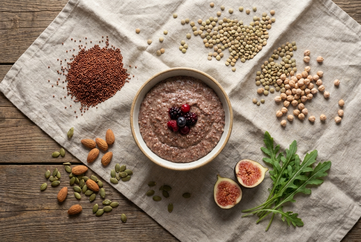 Overhead flat lay of high-fiber whole foods including ragi millet, lentils, chickpeas, almonds, pumpkin seeds and figs on a linen cloth