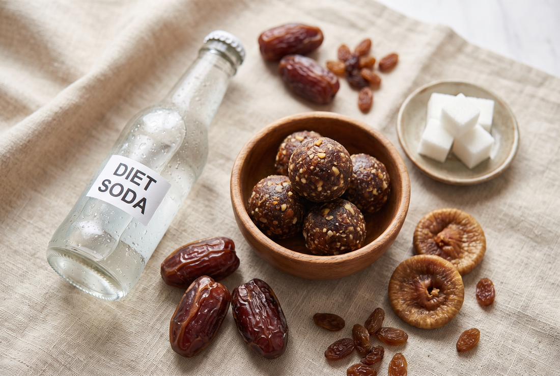Overhead flat lay of natural date and dried-fruit ladoos next to a diet soda bottle and sugar cubes, representing natural versus artificial sweeteners