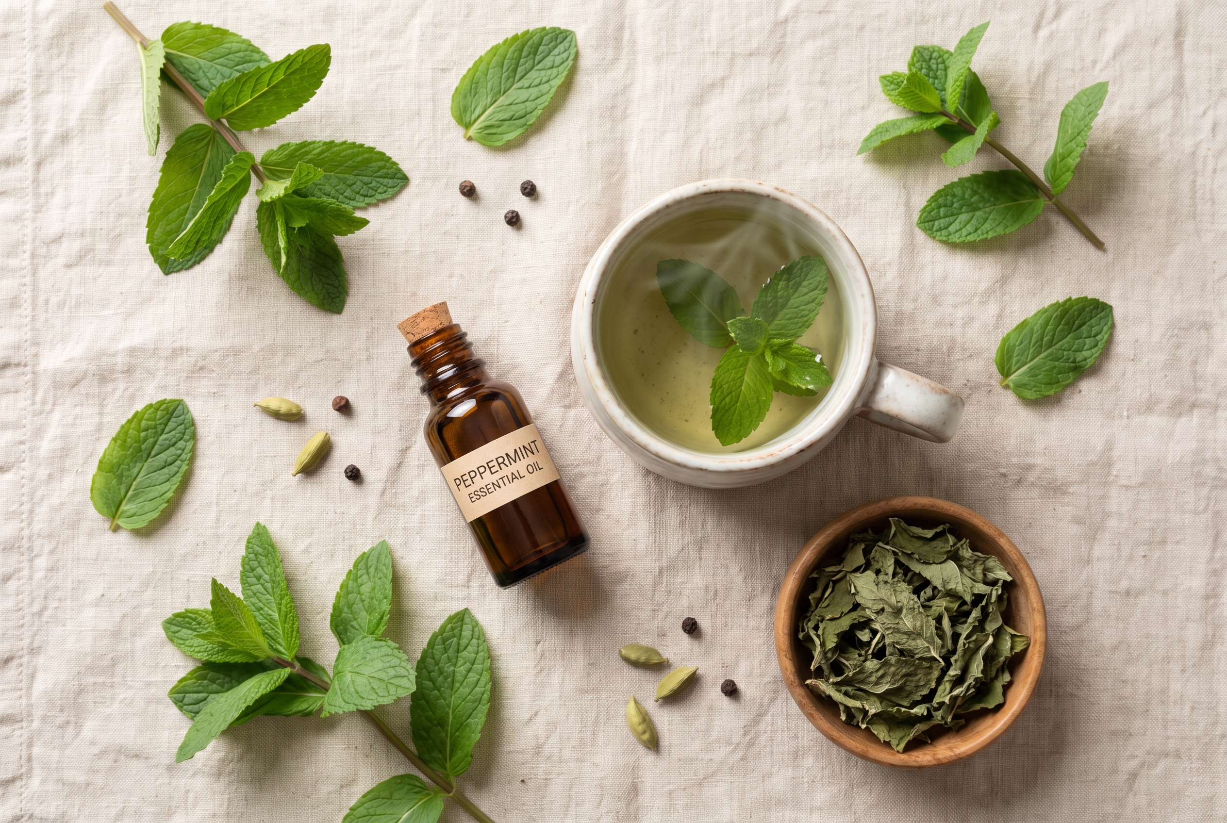 Overhead flat lay of fresh mint leaves, peppermint oil, mint tea, and whole spices on a linen cloth