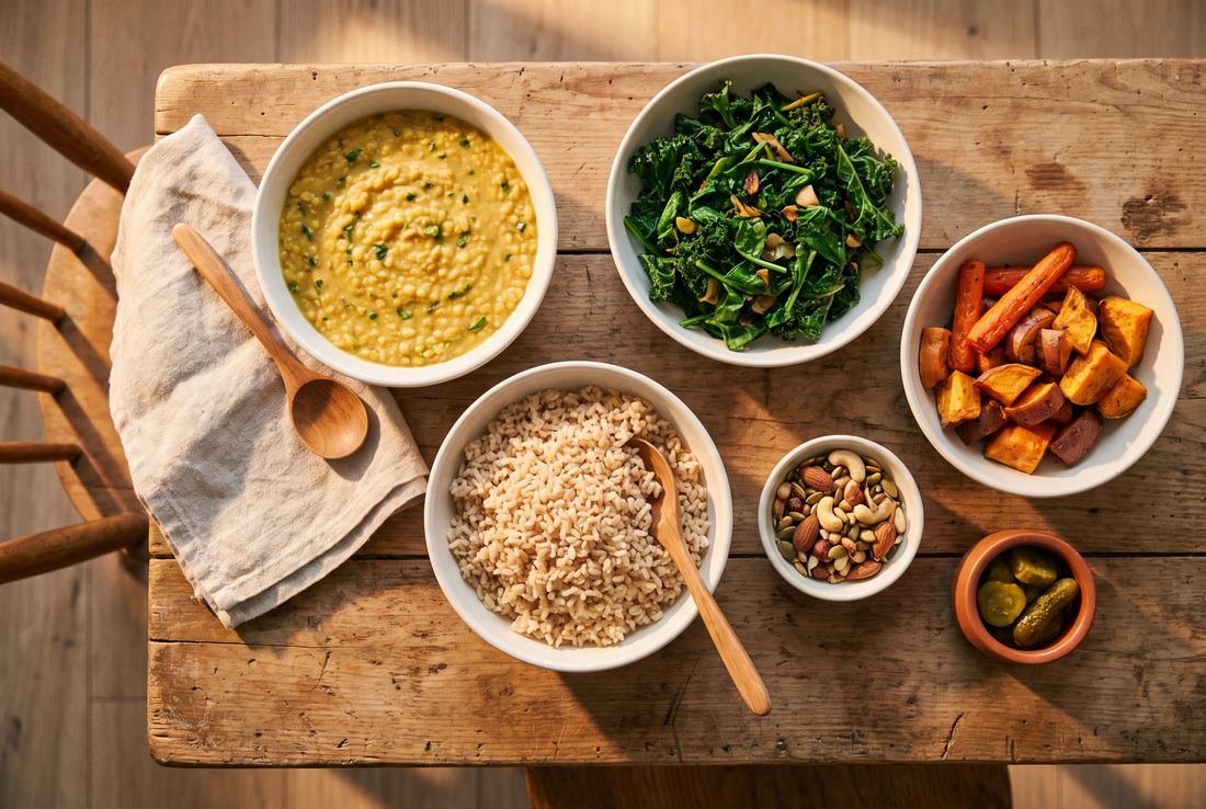 Overhead flat lay of a wholesome early evening meal with dal, brown rice, sauteed greens, roasted vegetables, and mixed nuts and seeds on a rustic wooden table