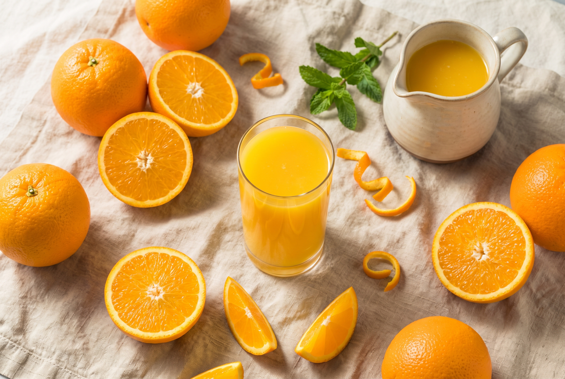 Overhead flat lay of fresh orange juice in a glass, whole oranges and orange halves on a natural linen cloth