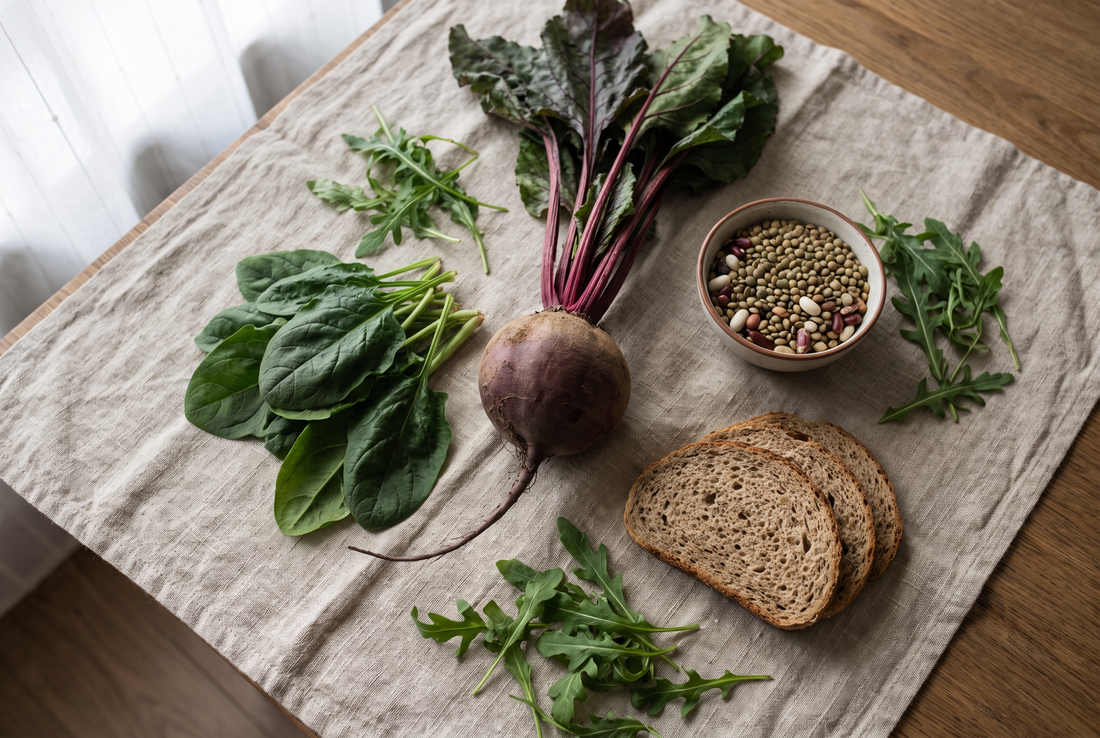 Overhead flat lay of fresh beetroot, spinach, rocket leaves, beans and whole grains on a natural linen cloth
