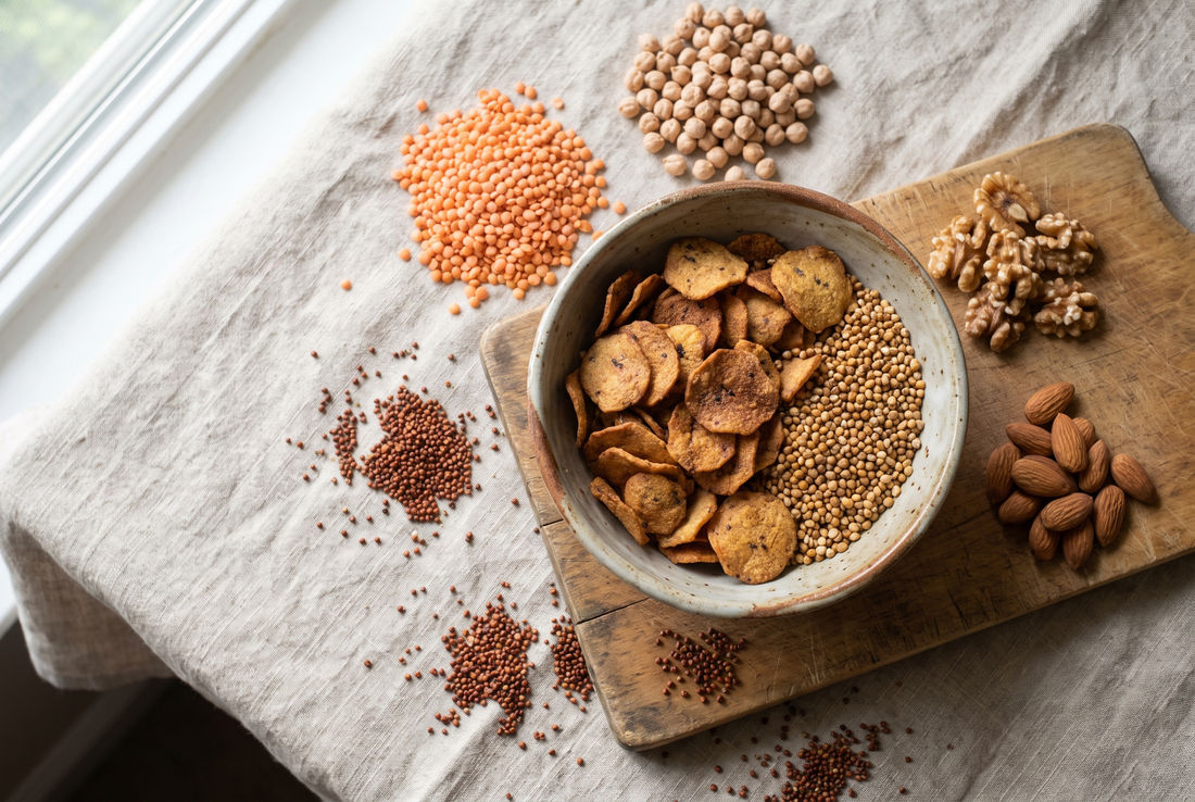 Overhead flat lay of ragi millet chips, whole grains, lentils, and nuts on linen cloth