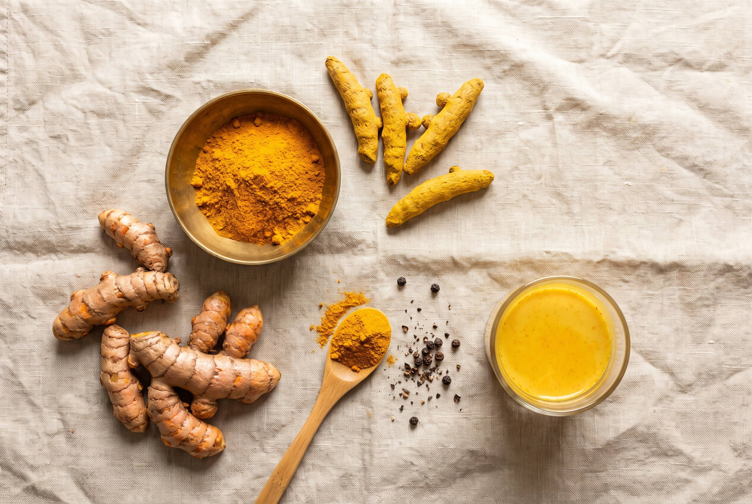 Overhead flat lay of fresh turmeric root, golden turmeric powder in a brass bowl, and turmeric milk on a linen cloth