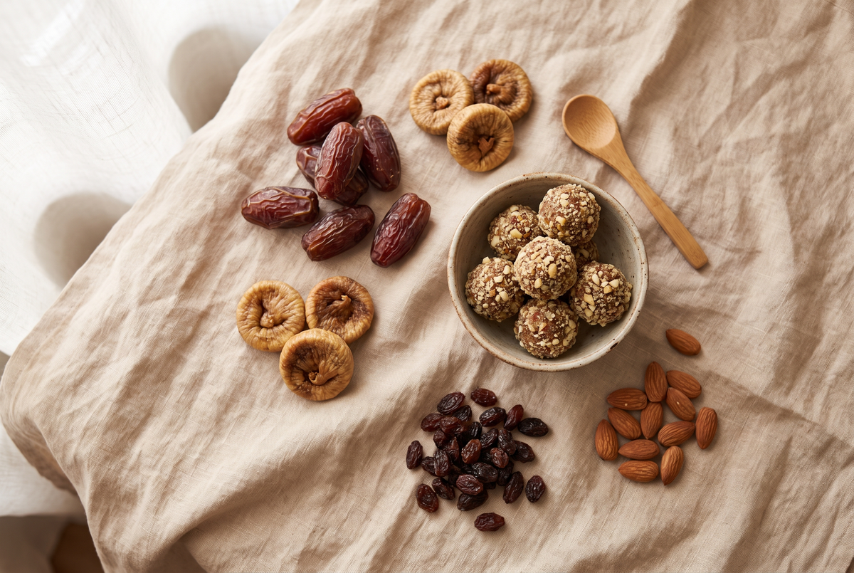 Overhead flat lay of natural whole-food toddler snacks including dates, dried figs, dry fruit ladoos, raisins and almonds on linen