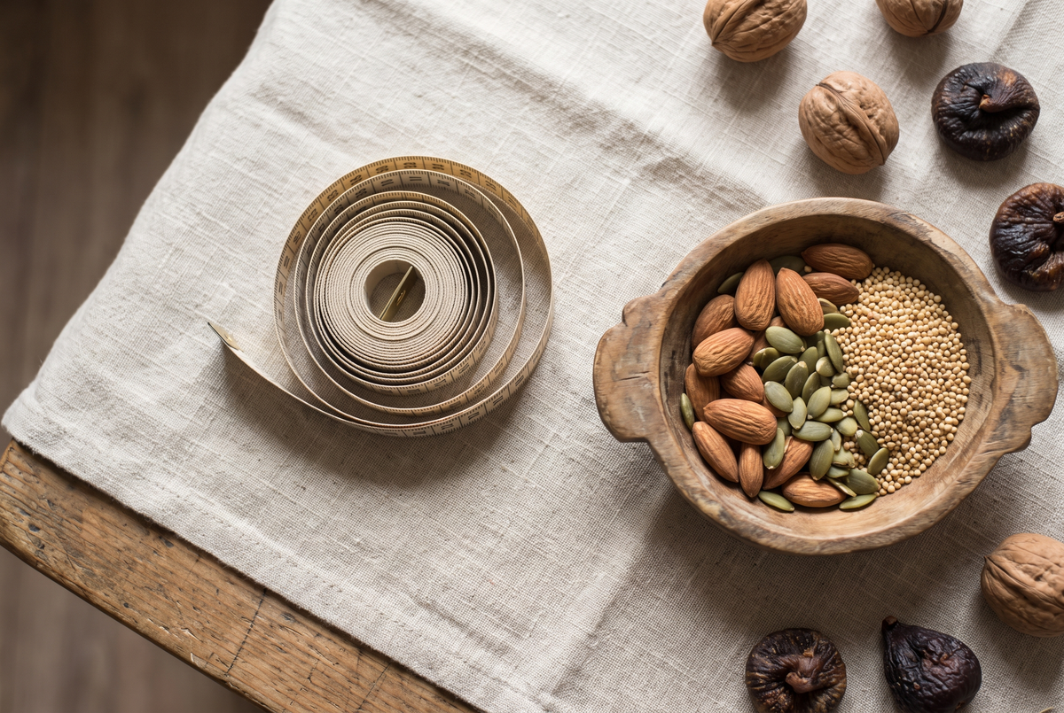 Overhead flat lay of a measuring tape beside a bowl of almonds, pumpkin seeds, and finger millet on linen cloth