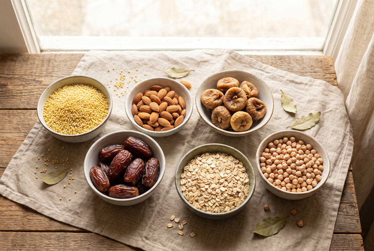 Overhead flat lay of whole, unprocessed ingredients including millet, almonds, dried figs, dates, oats, and chickpeas in ceramic bowls on linen