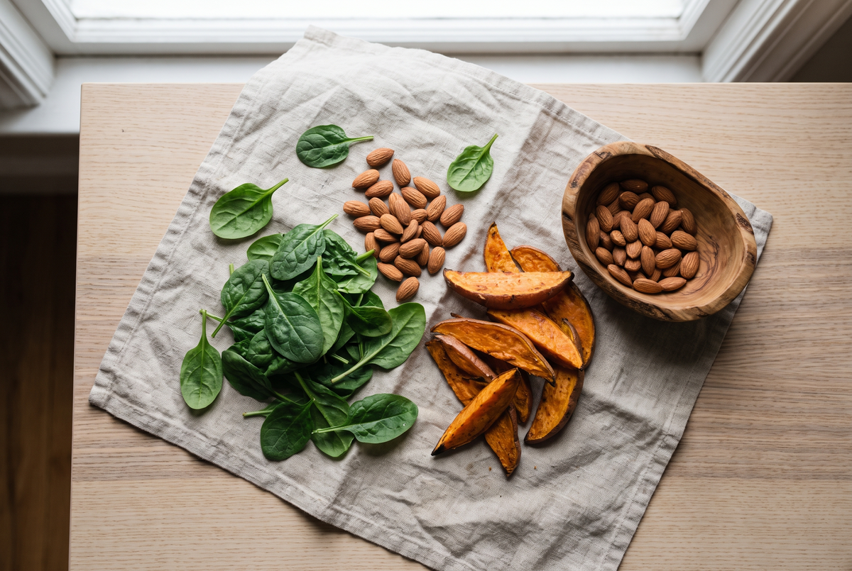 Overhead flat lay of fresh spinach, whole almonds, and roasted sweet potato wedges on a linen cloth