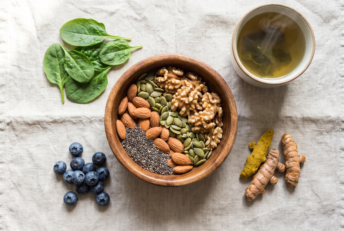 Overhead flat lay of almonds, walnuts, pumpkin and chia seeds, spinach, blueberries and turmeric on linen cloth