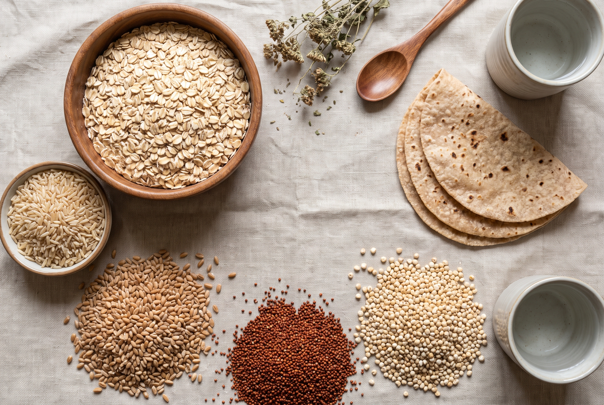 Overhead flat lay of whole grains and millets including oats, brown rice, ragi and jowar for heart health
